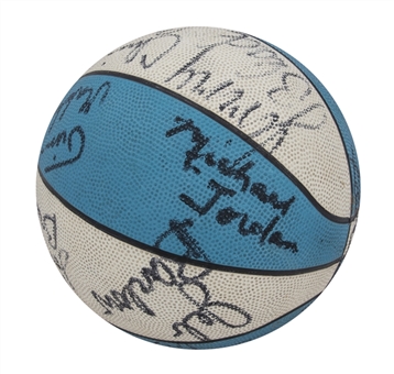 1981-82 National Champion University of North Carolina Team Signed Basketball With 14 Signatures Including Jordan & Worthy Featuring Extremely Scarce "Non Cursive J" signed by Michael Jordan (Beckett)